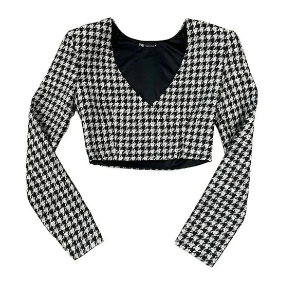 Zara Black White Houndstooth Tweed Cropped Faux Wrap Long Sleeve Top Size XS - Picture 1 of 8